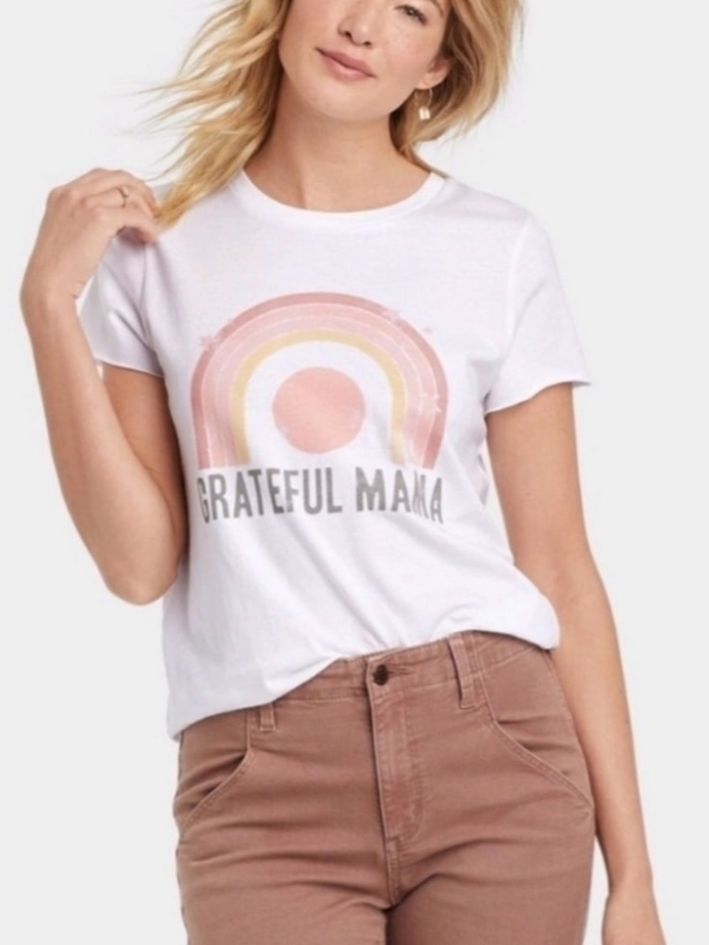 Grayson Threads White 'Grateful Mama' Short Sleeve Tee with Pastel Rainbow
